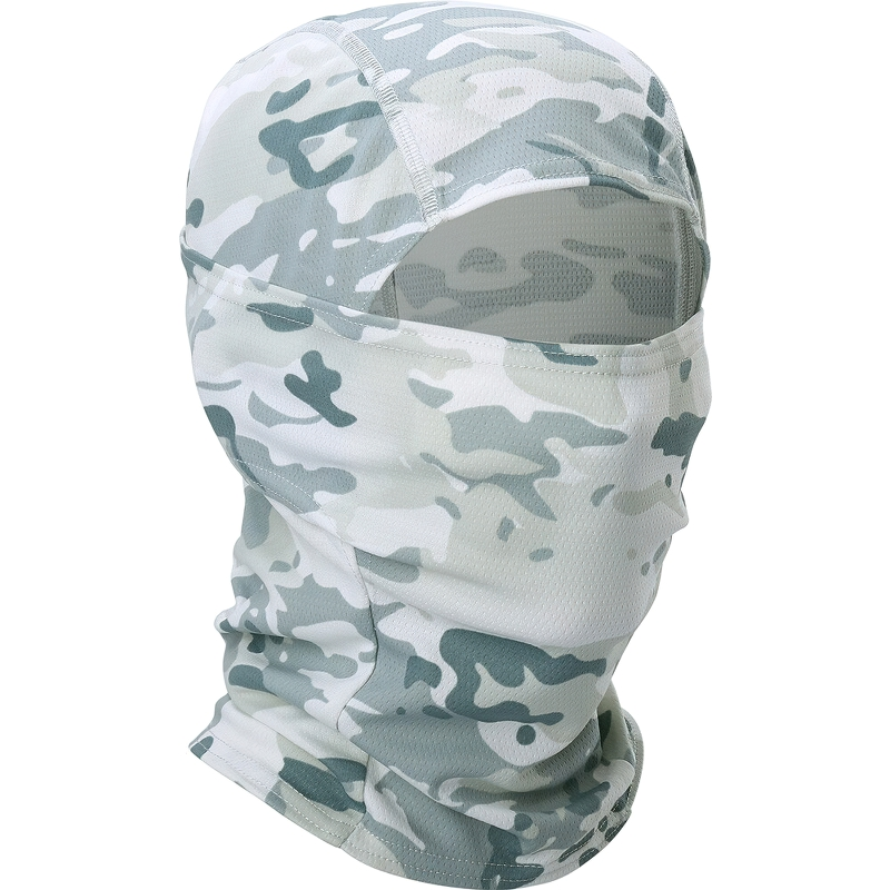 Unisex full face camouflage balaclava scarf in gray and white military design, perfect for outdoor activities.