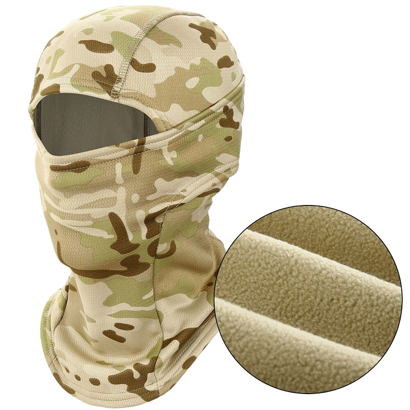 Trendy unisex camouflage balaclava-scarf for outdoor adventures, featuring soft fleece lining and military design.