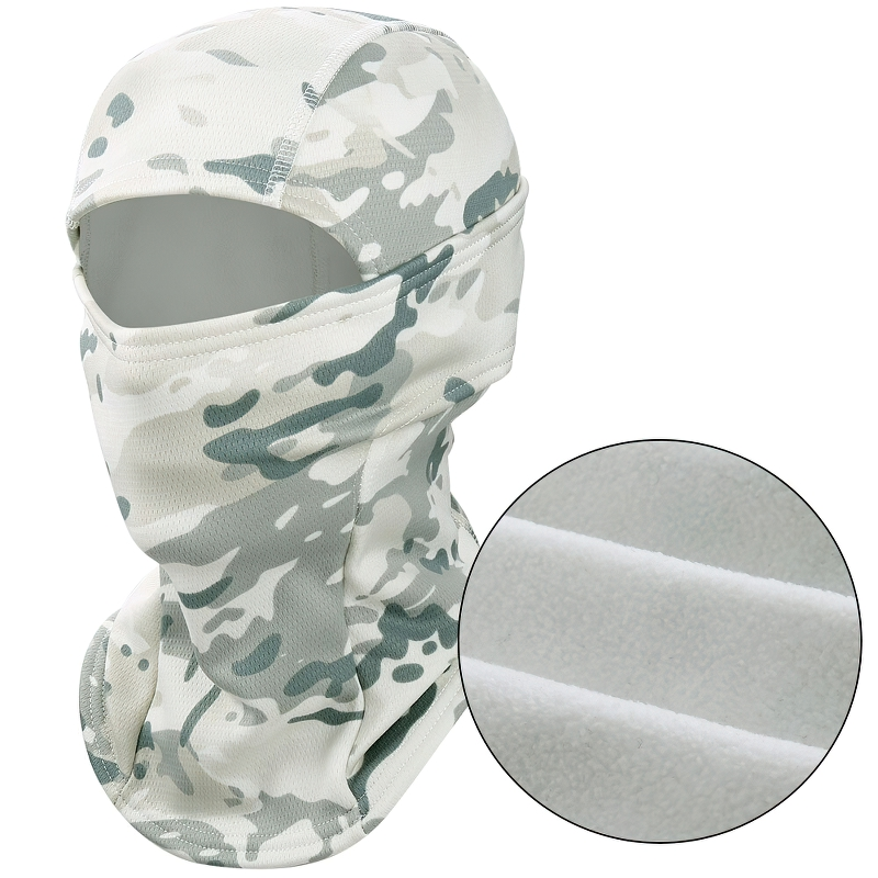 Unisex full face camouflage balaclava scarf in gray and white military pattern, perfect for outdoor adventures.