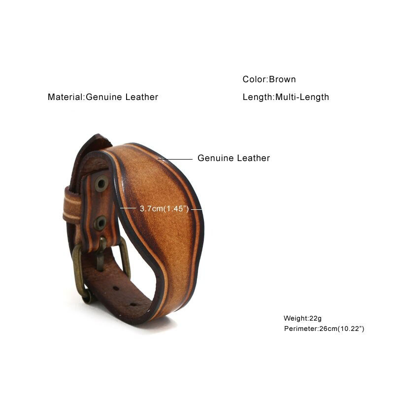 Unisex wide vintage brown genuine leather bracelet showcasing unique punk style and adjustable fit.