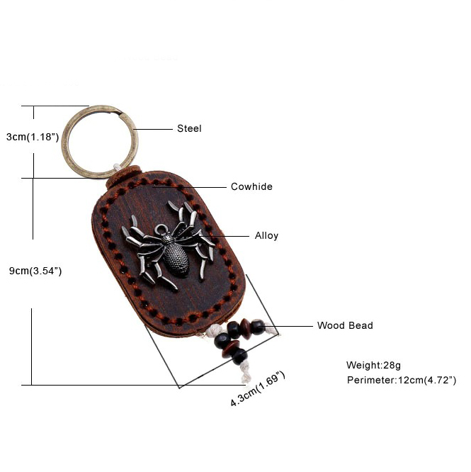 Vintage unisex leather keychain with silver spider pendant and wood beads, dimensions and details included.
