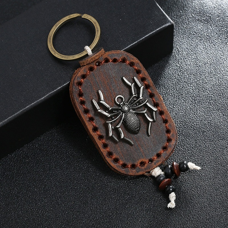 Unisex Genuine Leather Handmade Keychain / Vintage Key Ring with Spider of Zinc Alloy - HARD'N'HEAVY