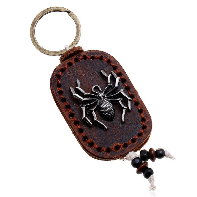 Unisex Genuine Leather Handmade Keychain / Vintage Key Ring with Spider of Zinc Alloy - HARD'N'HEAVY