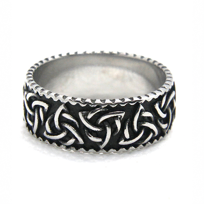 Unisex Gothic stainless steel ring featuring intricate Viking symbols and braided design, perfect for cosplay and rock outfits.
