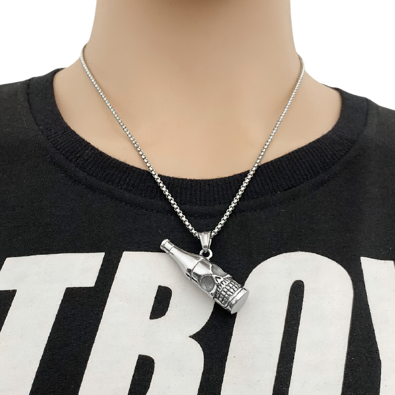 Unisex gothic skull bottle pendant hanging on a silver chain, showcasing unique rock style jewelry.