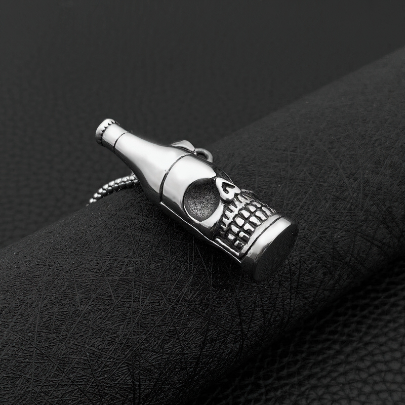 Unisex gothic skull bottle pendant made of stainless steel, stylish and trendy jewelry accessory.