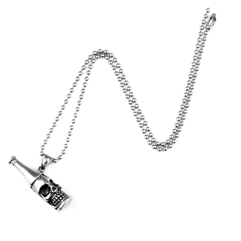 Unisex stainless steel skull bottle pendant necklace, perfect for gothic style enthusiasts and rock fashion lovers.