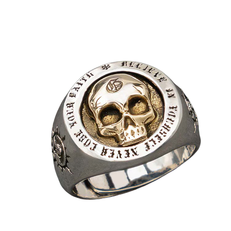 Unisex Gothic skull ring in 925 sterling silver, stylish alternative fashion jewelry with a bold design.