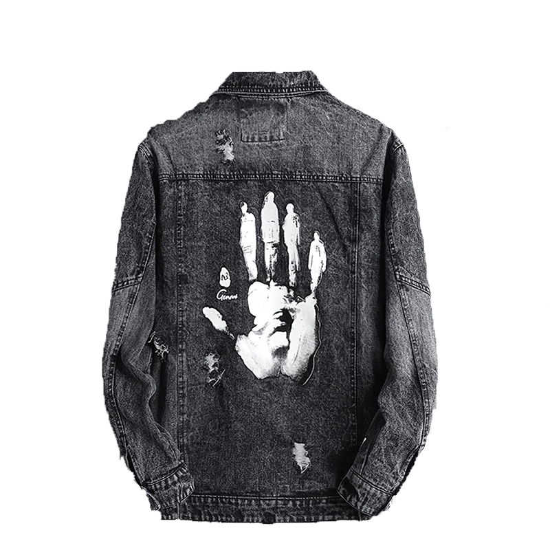 Unisex Jacket With Handprint / Vintage Style Clothing / Casual Ripped Denim Jacket - HARD'N'HEAVY