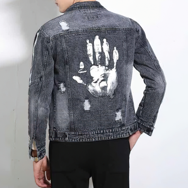 Unisex Jacket With Handprint / Vintage Style Clothing / Casual Ripped Denim Jacket - HARD'N'HEAVY