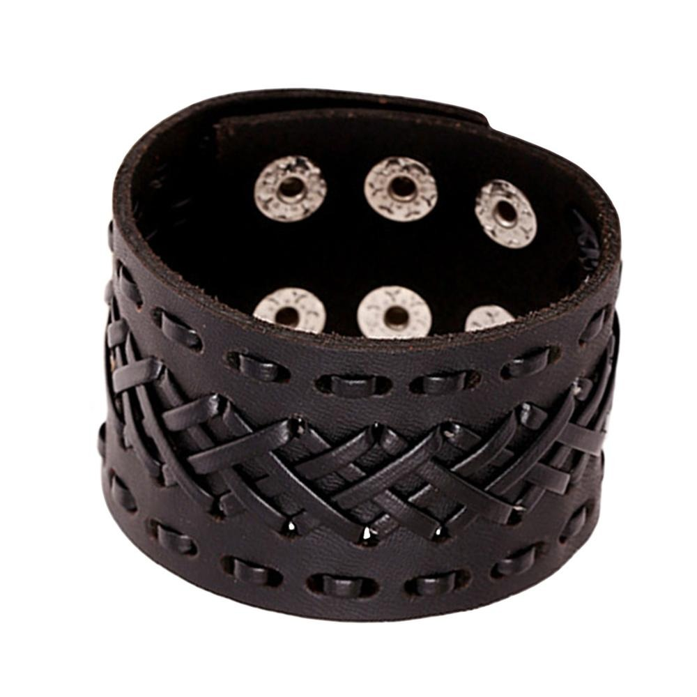 Unisex handmade black leather wide bracelet with woven design and silver studs, perfect for punk fashion.