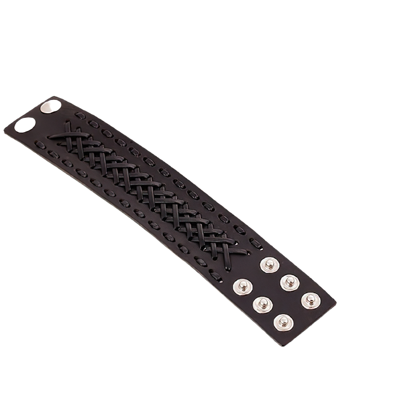Handmade unisex leather wide bracelet in black with decorative weaving and metal studs, perfect for punk fashion enthusiasts.