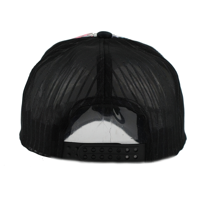 Back view of unisex multicolor mesh baseball cap showing adjustable snap closure and quality material.