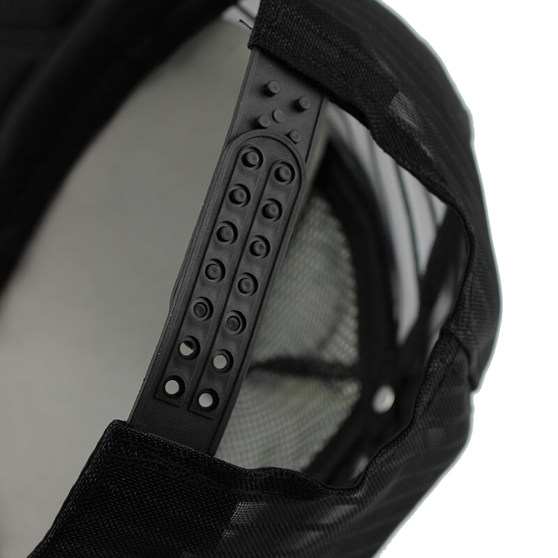 Inside view of a black unisex baseball cap showcasing the adjustable strap and mesh details for comfort.