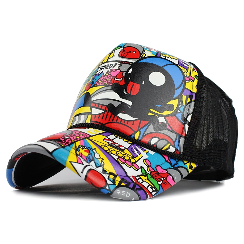 Unisex multicolor mesh baseball cap with vibrant print, stylish accessory for alternative fashion lovers.