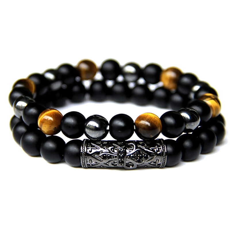 Unisex natural beaded bracelet featuring black, gold, and silver beads in a vintage design for stylish alternative fashion.