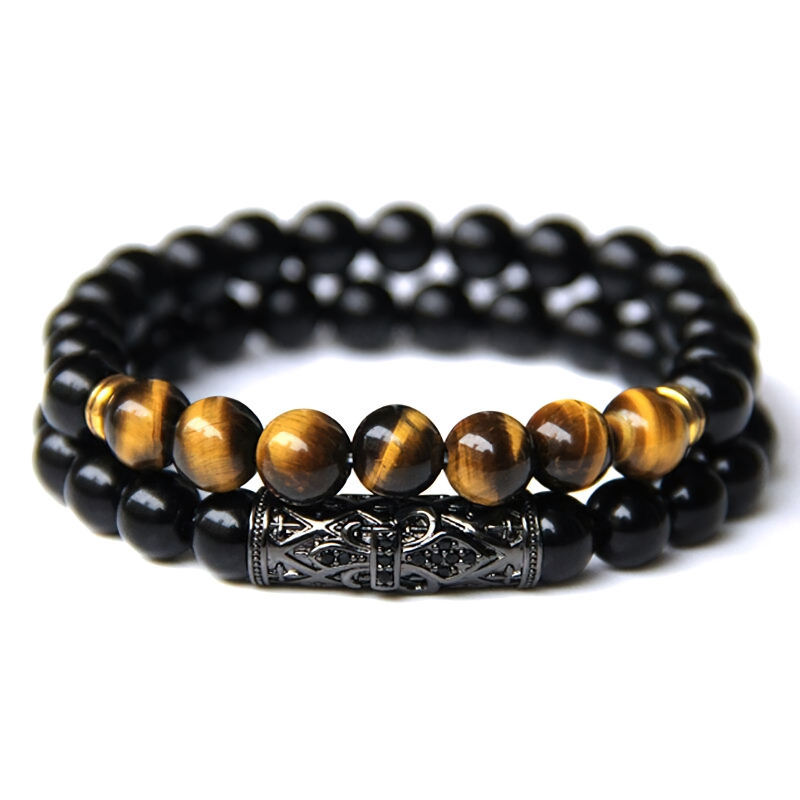 Trendy unisex natural beaded bracelet in black and tiger's eye with vintage design for stylish hand accessories.