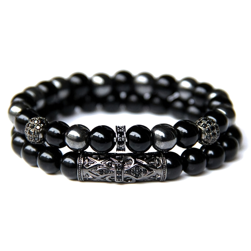 Trendy unisex natural beaded bracelet with black stones and vintage design, perfect alternative fashion accessory.