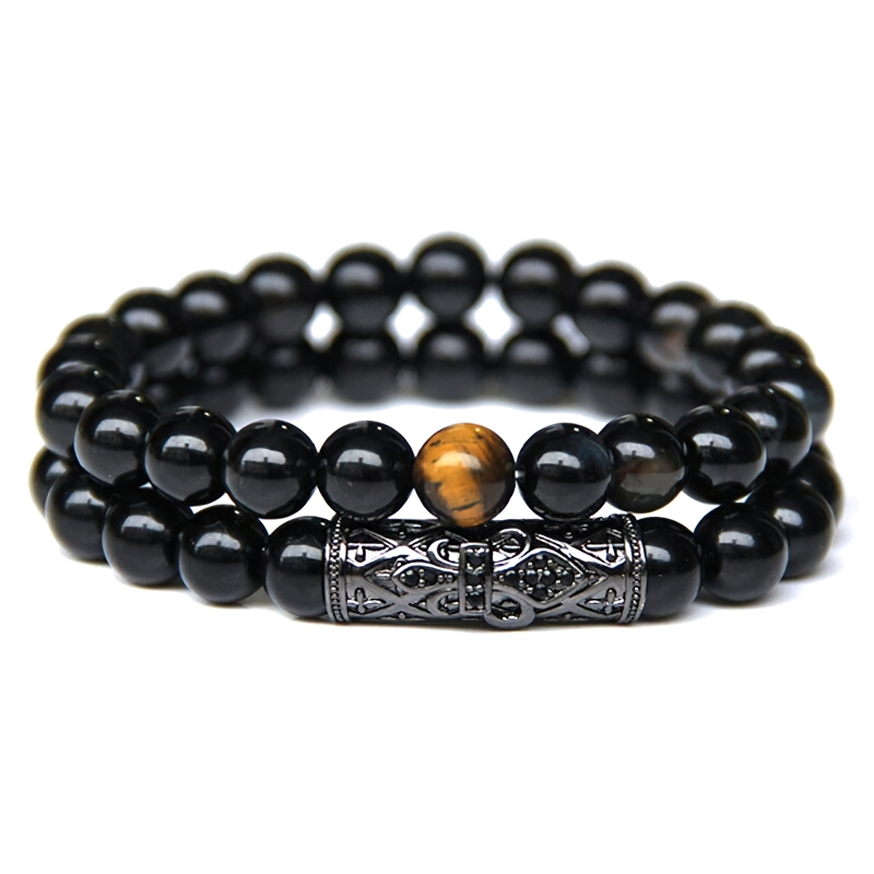 Trendy unisex natural beaded bracelet featuring black beads and a vintage-style clasp for alternative fashion.