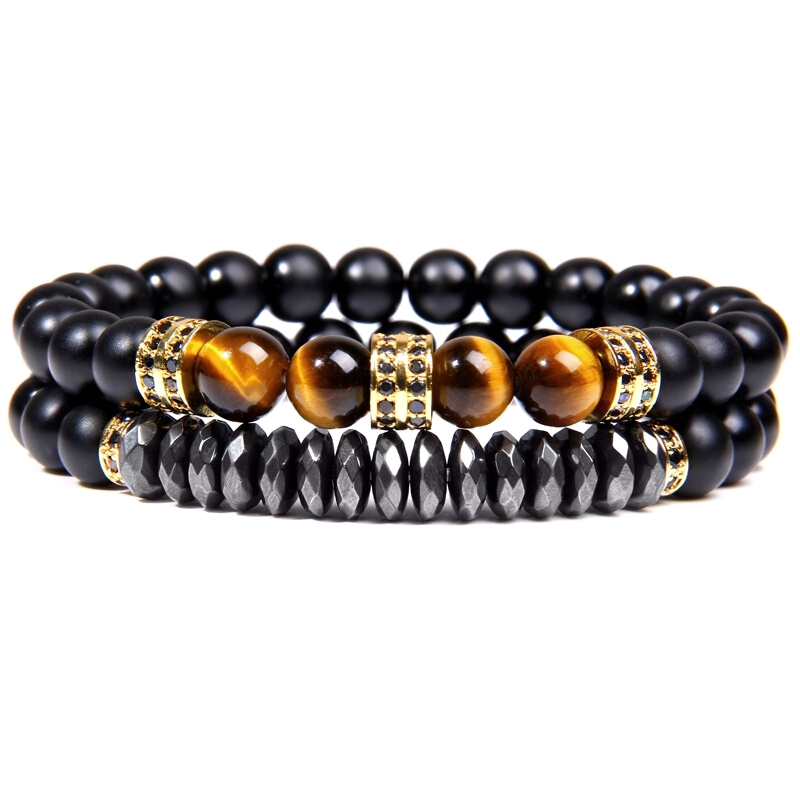 Unisex natural stone beads bracelet in vintage style, featuring black and tiger eye beads for a trendy accessory.