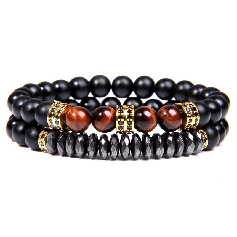 Unisex natural stone beaded bracelet featuring vintage style with black and brown beads, perfect for casual accessories.