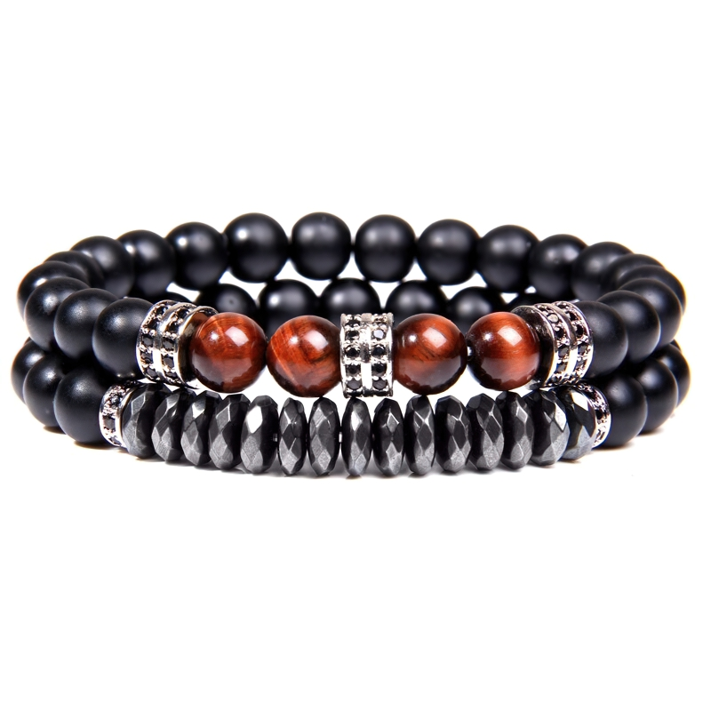Unisex natural stone beads bracelet in vintage style, featuring black and brown stones, perfect for casual accessories.
