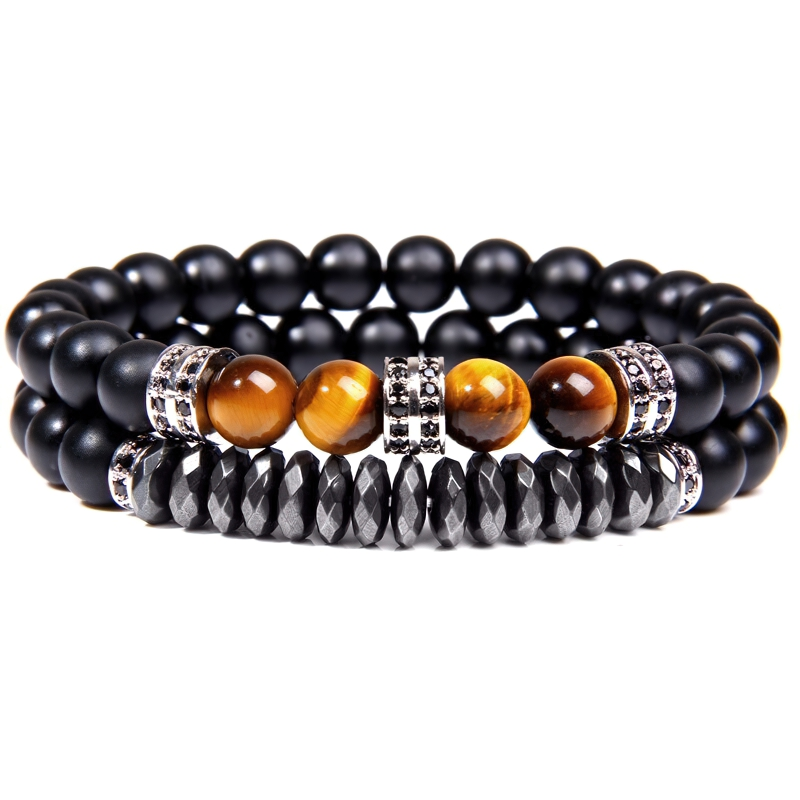 Unisex natural stone beads bracelet featuring black and tiger eye stones, perfect vintage style accessory for casual wear.