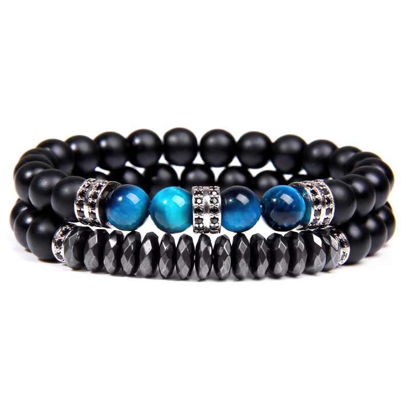 Unisex vintage natural stone beaded bracelet featuring black and blue stones, stylish casual accessory for men and women.