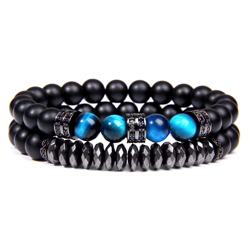 Unisex natural stone beaded bracelet featuring black and blue beads for a vintage stylish accessory.