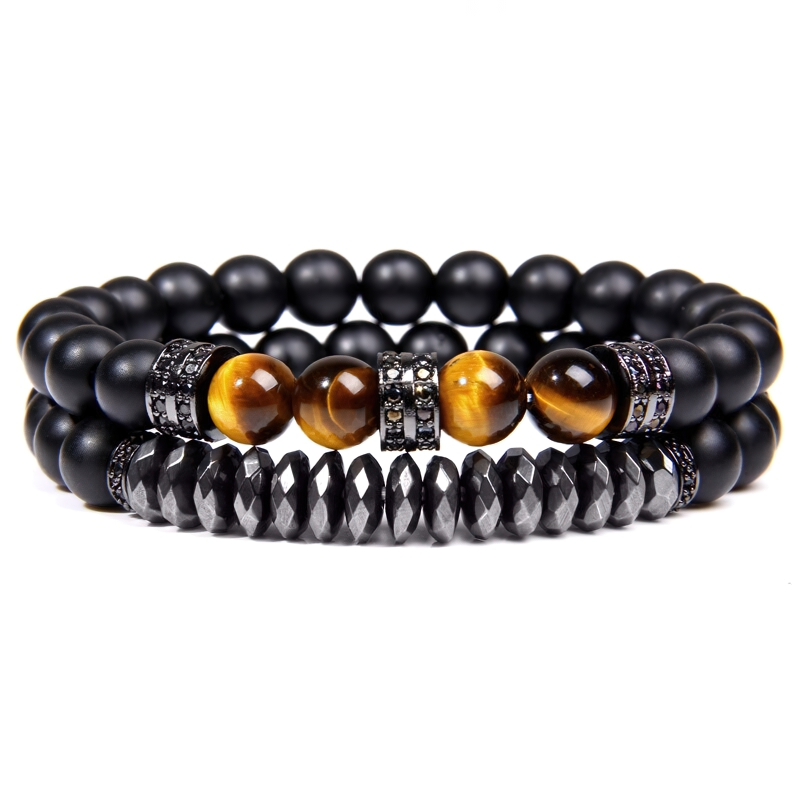 Stylish unisex natural stone beads bracelet in black and gold hues, perfect casual accessory for men and women.