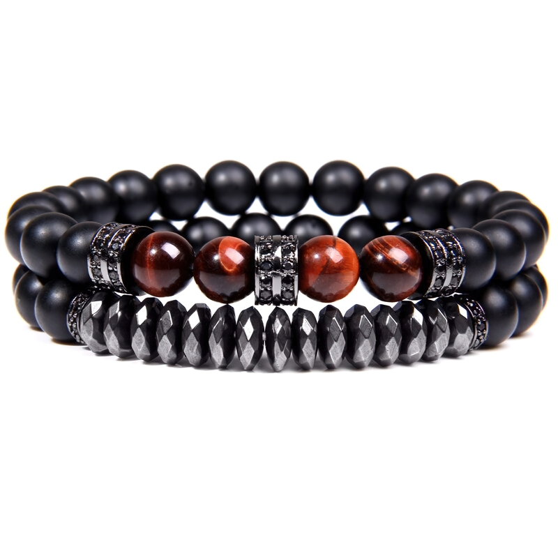Unisex natural stone beads bracelet featuring matte black and polished red tiger eye beads in stylish vintage design.