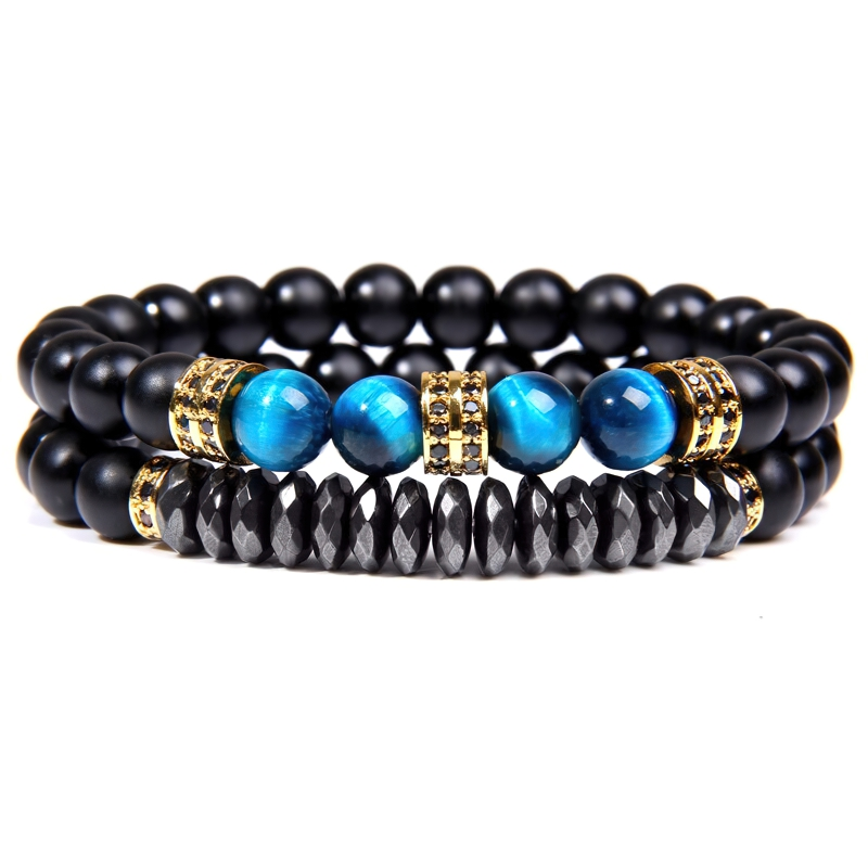 Unisex natural stone beaded bracelet with black and blue beads, stylish vintage accessory for men and women.