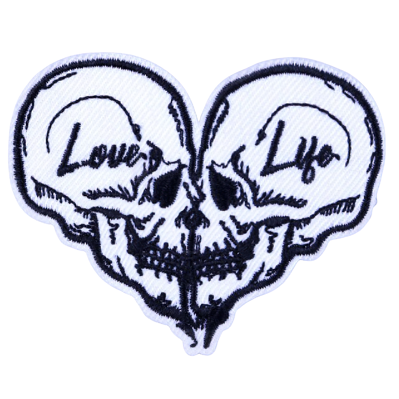 Heart-shaped patch of two skulls with 'Love' and 'Life' lettering, perfect for gothic and rave outfits.