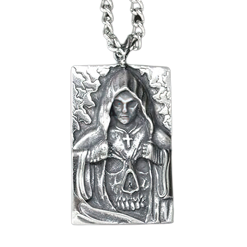 Unisex stainless steel pendant featuring a hooded figure with a cross and skull, perfect for gothic fashion.