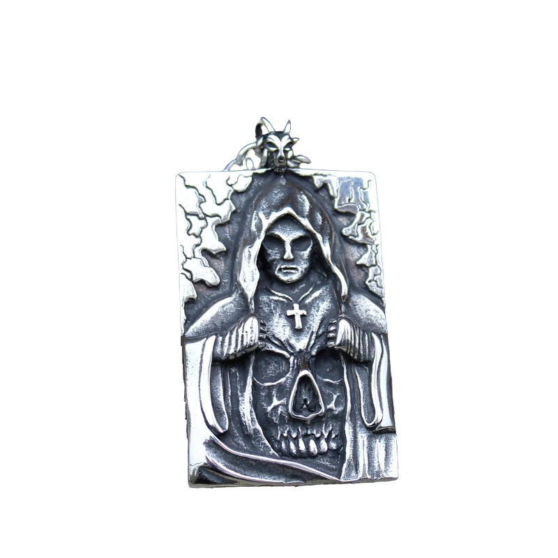 Unisex gothic stainless steel pendant featuring a cross and skull design with a grim reaper figure.