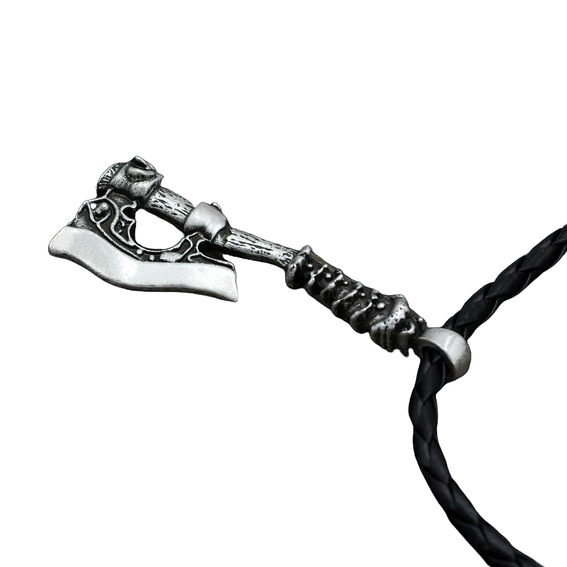 Unisex silver Viking axe pendant necklace on a black cord, stylish casual accessory for everyday wear.