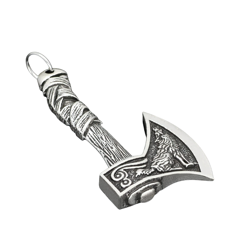 Unisex Viking axe pendant featuring Celtic wolf design, stylish casual necklace accessory in silver.