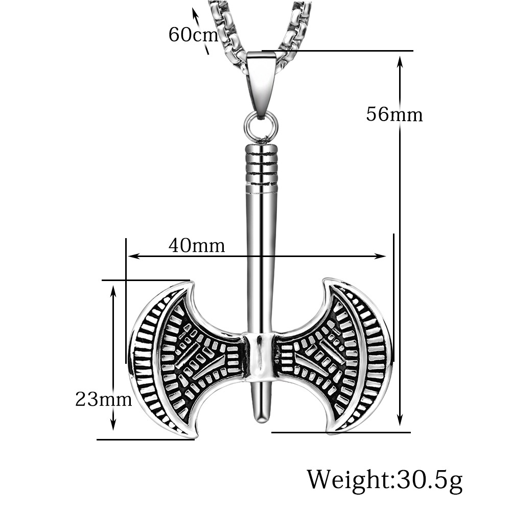 Unisex Viking tomahawk pendant necklace in stainless steel, perfect for punk outfits and cosplay, showcasing intricate design.