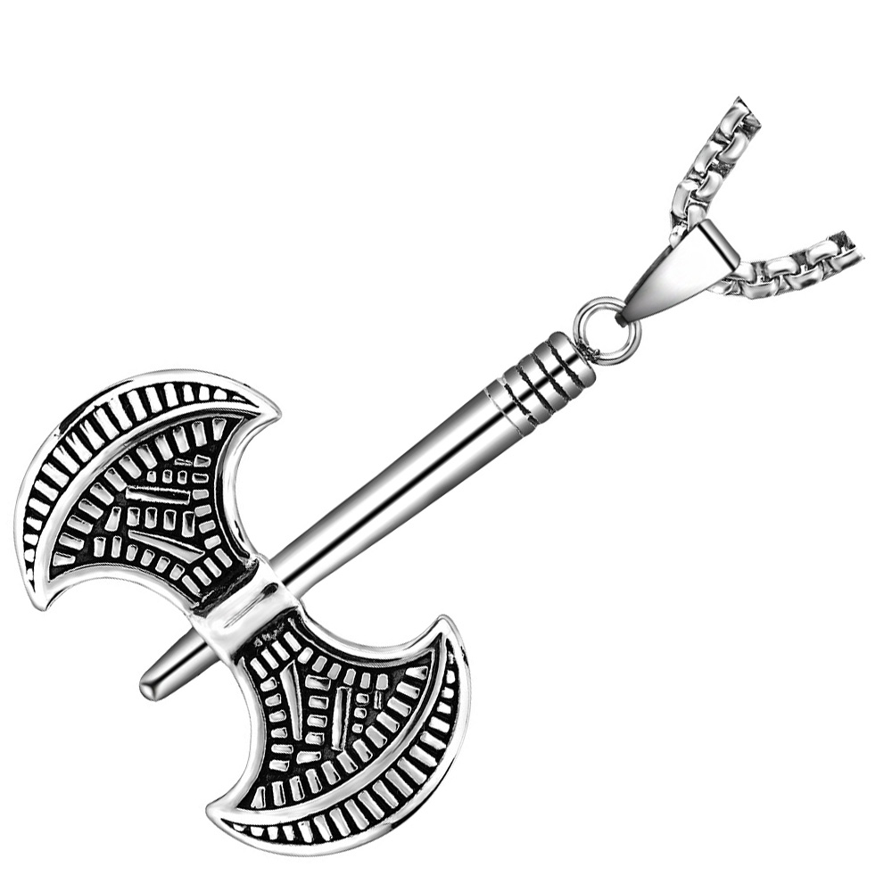 Viking tomahawk pendant necklace in stainless steel with intricate design, perfect for punk and cosplay outfits.