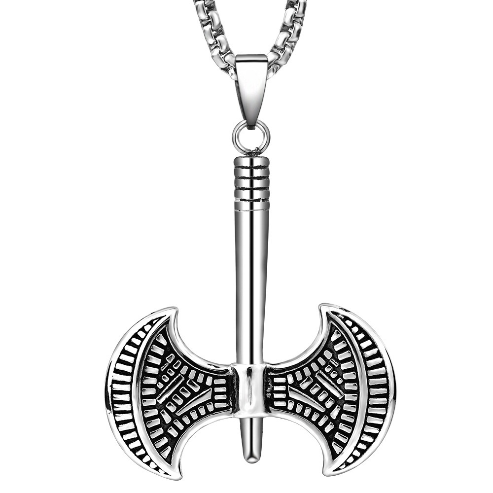 Unisex Viking tomahawk pendant necklace in stainless steel, perfect for punk style outfits and cosplay.