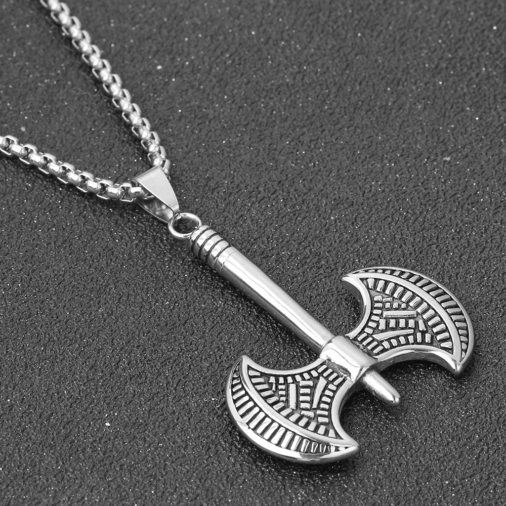 Handmade stainless steel Viking tomahawk pendant necklace on a chain, perfect for punk style and cosplay.
