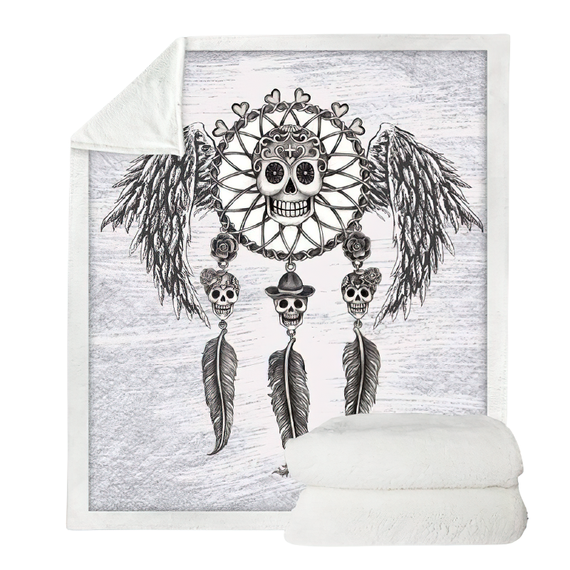 Unisex Plush Blanket With Printed Feathed Dreamcatcher / Gothic White Mystic Blanket of Sherpa - HARD'N'HEAVY