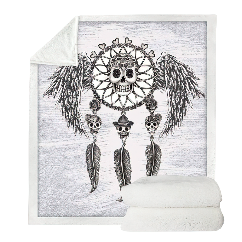 Gothic unisex plush blanket featuring printed feathered dreamcatcher and skull design, perfect for cozy decor.