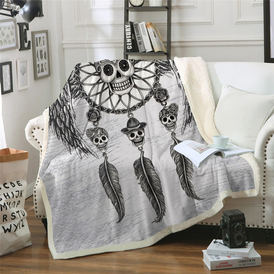 Cozy unisex plush blanket featuring a gothic skull dreamcatcher design with feathers, perfect for stylish home decor.