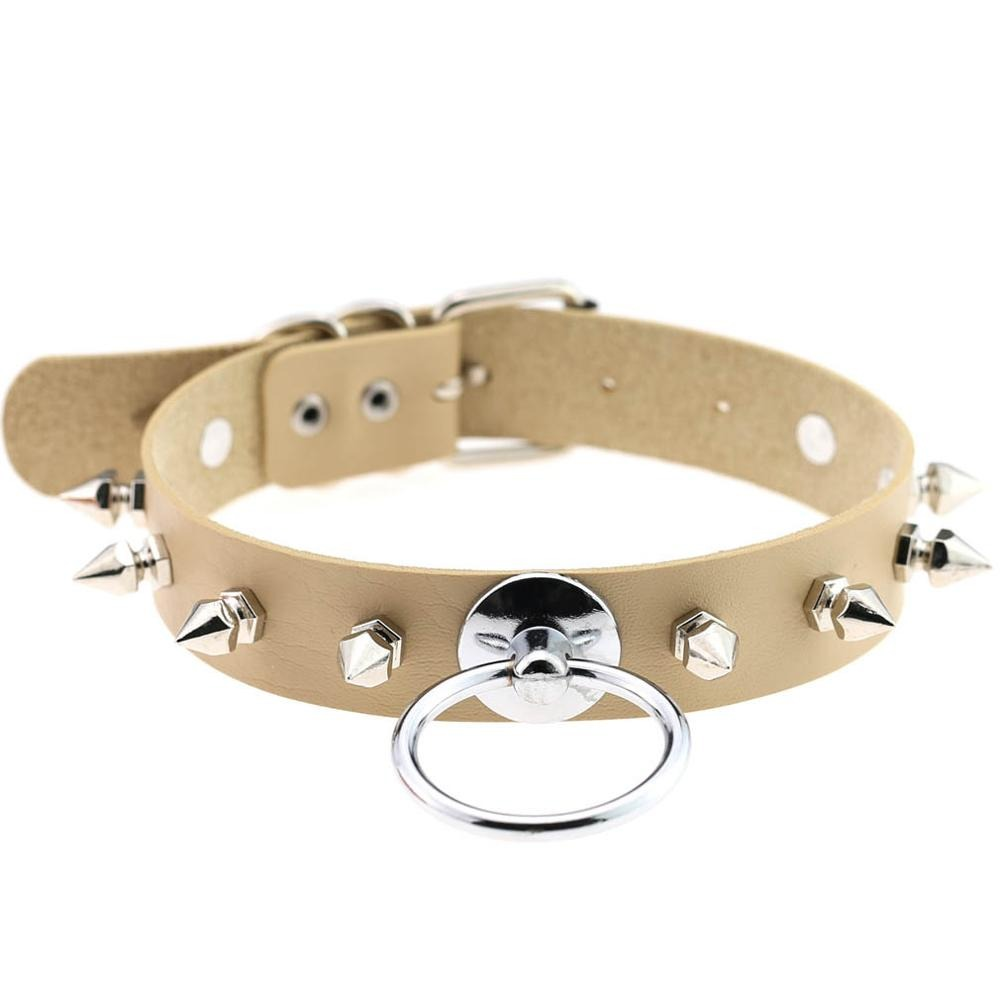 Unisex PU leather punk choker with metal spikes and ring, adjustable studded necklace for a fierce punk style look.