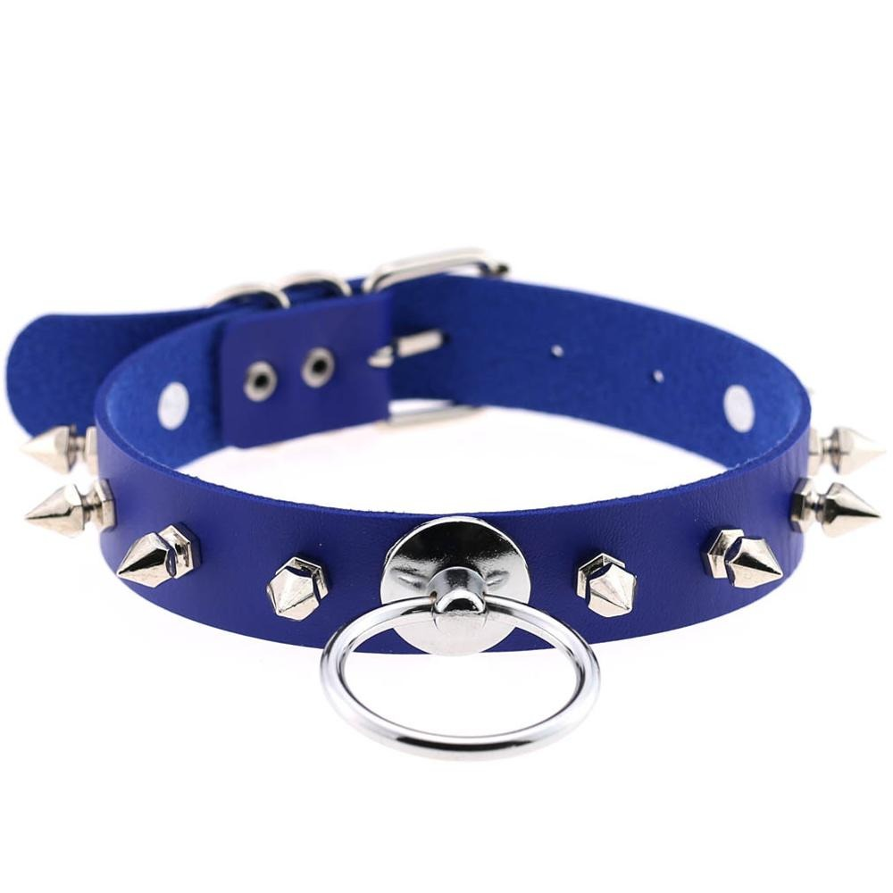 Unisex blue PU leather punk choker with metal spikes and ring, perfect for adding edgy style to any outfit.