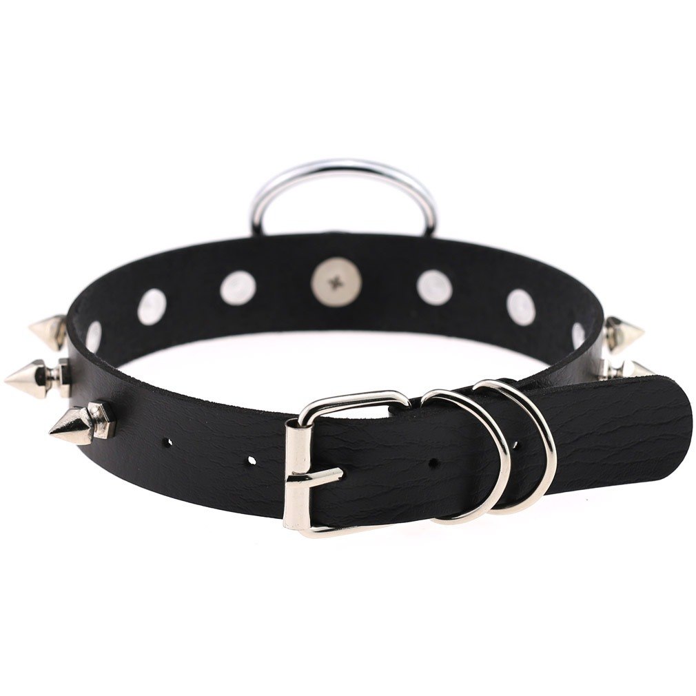 Unisex PU leather punk choker with metal spikes and ring, adjustable studded necklace for a fierce punk look.