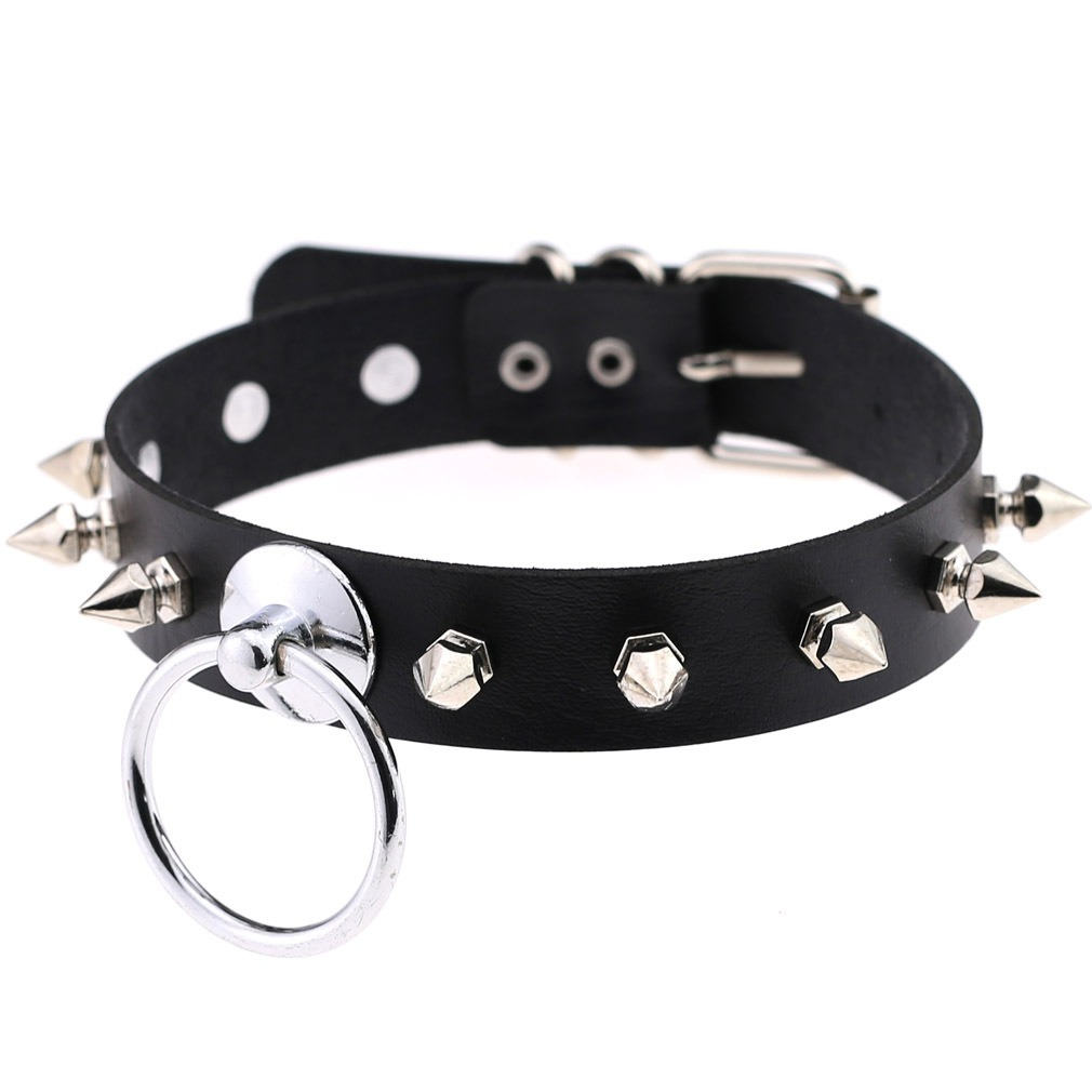 Unisex PU leather punk choker with metal spikes and ring, adjustable necklace for a bold punk look.