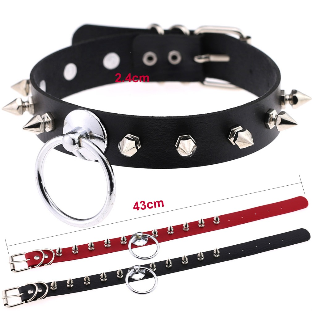 Unisex PU leather punk choker with metal spikes and ring in black, adjustable and perfect for punk style outfits.