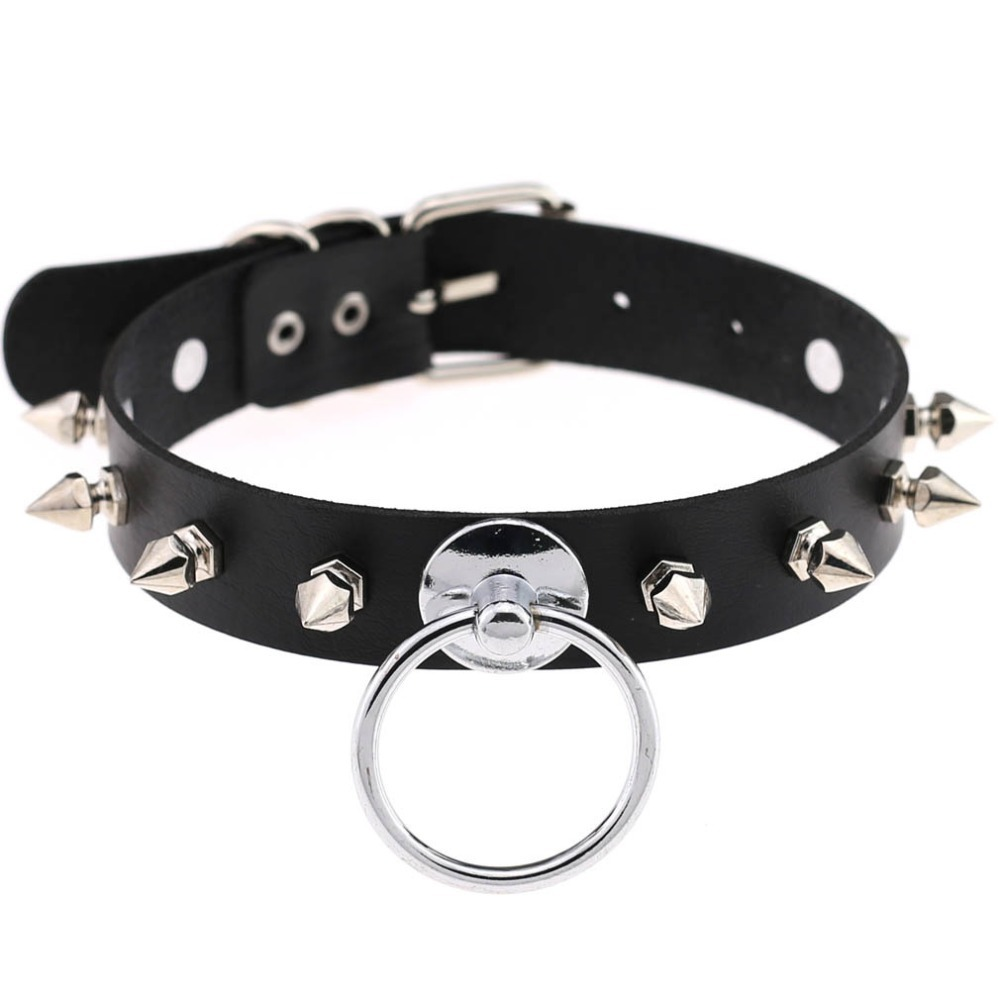 Unisex PU leather punk choker with metal spikes and ring, perfect for edgy outfits and punk style.